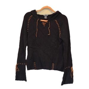 Black Knit Y2K Whipstitch Leather Black Hoodie Sweater Women L Bell Sleeve Boho